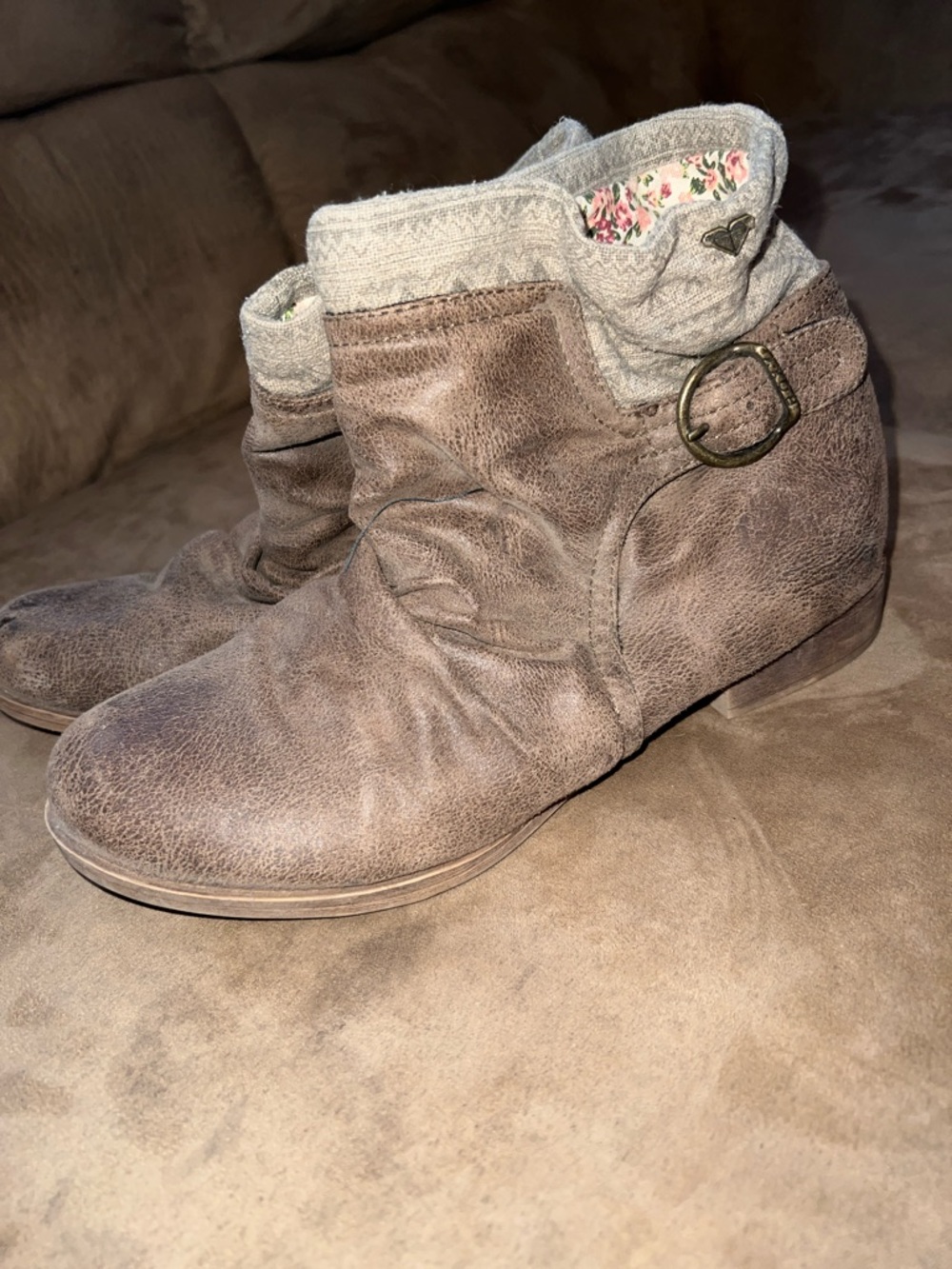 Roxy Taupe Ankle Booties with Quilted Cuff and Buckle Detail